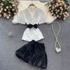 Frauen Sommer Mode gekerbte Hals Kurzarm Slim Fit Hemden Tops + Röcke Zweiteilige Sets S829 210527