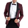 Slim Fit männer Anzüge 2 Stück Burgund Hochzeit Smoking mit schwarzen Hosen Schal Revers Männliche Mode Kleidung Jacke Bräutigam Prom Blazer X0909