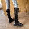 Boots Autumn Winter Patent Leather Woman Shoes Round Toe Lace Up Zipper Knee High Women Platform Black Motorcycle