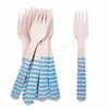 Engångs kök Dinnerware Wood Spoons Forks For Glad Födelsedag Picnic Party Decorations Utensil Striped Printed T10i136