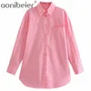 Sweet Girls Pink Loose Shirt Summer Fashion Drop Shoulder Curved Hem Women Casual Blouses Slit Side Female Long Tops 210604