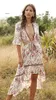 Vintage Chic Women Floral Print Short Sleeve Rayon Bohemian Dresses Ladies V Neck Tassel Summer Boho Pleated Maxi DrVestidos X0621