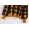 Streetwear Women O-Neck Sweaters Fashion Ladies Plaid Knitted Tops Causal Female Chic Puff Sleeve Loose Pullovers 210430