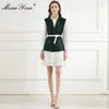 Traje de diseñador de moda Primavera Vestido de camisa de manga larga para mujer + Doble botonadura con cordones Chaleco verde oscuro Traje de dos piezas 210524