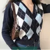 Vintage Geometrische Argyle Sweater Cardigan Vrouwen Herfst Knit Lange Mouw V-hals Bovenkleding Elegante Gebreide Dames Sweaters 210918