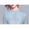 Fashion Designer Spring Elegant Lace Hollow Out Dresses Robe Women O-Neck SlimTemperament Vintage Midi Dress 210520