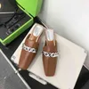 Fashion Women Brown Slippers Square Toe Metal Chain Shallow Slip On Mules Shoes Summer Flip Flops Thick Low Heeled Casual Slides 210513