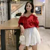 MATAKAWA Slash Neck Camicetta senza spalline Donna Top Summer Fashion Flare Sleeve Blusas Camicia in chiffon arricciato a maniche corte 210513