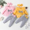 Kids Clothing Sets Girls Outfits Infant Pompom Ruffle Sleeve Tops Bow Pants Headband 3pcs/set Spring Fashion Boutique Baby Clothes 1782 B3