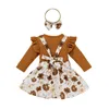 Kleding Sets Baby Meisjes Effen Kleur Kleding 3 Delige Set Zomer Zoete Ruffle Lange Mouwen Tops Bloemen Pritn Rok hoofdband Kind Outfits D30