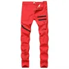 Moda masculina com zíper Calças jeans masculinas de grife preto vermelho branco destruído jeans fino reto motociclista skinny masculino rasgado calça cowboy