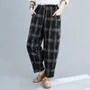 Printemps automne Arts Style femmes taille élastique lâche Vintage pantalon coton lin Plaid décontracté Harem grande taille S46 210512