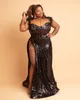 2022 Plus Size Arabic Aso Ebi Black Sparkly Sexy Prom Dresses Beaded Feather Evening Formal Party Second Reception Birthday Engagement Gowns Dress ZJ250