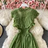 Vintage Viola / Verde / Red Midi Abito Midi Delle Donne Dolce Dolce Round Neck Ruffle Vestidos Femmina Vita alta Vita sottile Robe Primavera Autunno 2021