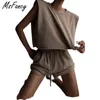 Msfancy Sommer Shorts Sets Frauen Koreanischen Stil Shrug Ärmellose Weste Hemd Elastische Taille Kordelzug Kurze Mujer Casual Sets 210604