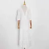 White Hollow Out Dresses For Women V Neck High Waist Lace Minimalist Elegant Dress Female Summer 210520