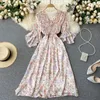 Summer Boho Print Chiffon Holiday Midi Women Abiti floreali dolci Irregolare manica svasata con scollo a V increspato Sundress 210430