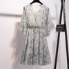 Moda V-Collar Szyfonowa sukienka kolana Lato Czeski Casual Flowers Miękkie Luźne Waist Kobiety Dress 4775 50 210527
