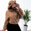 Piękny uszy niedźwiedź Ciepły pluszowe z kapturem jesień ramię Crop Top Teddy Fashion Pullover Bluza Harajuku Hoode Hoodie 210809