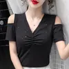 짧은 소매 여름 티셔츠 탑스 여성 Blusas Mujer de Moda V-Neck Black T 셔츠 여성 Blusas 여성 의류 T- 셔츠 E649 210426