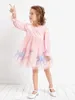Vestito in rete con maniche a balze con stampa unicorno per bambine SHE