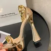 Sandaler Plattform Heels Kedja Fetisch Kvinnor Sommar 13.5cm High Party Promskor Peep Toe Slides Black Zapatos Mujer Pumps