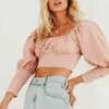 Femmes Plaid Crop Top Blouses Col carré Blouse élégante Chemise Dames Lanterne Manches Casual Court Tunique Tops 210508