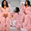 2021 Sexiga Ruffles Rosa Tulle Kimono Kvinnor Prom Klänningar Robe för Photoshoot Puffy Sleeves Evening Gowns African Cape Cloak Maternity Dress Photography