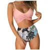 Women Floral Swimsuit Two Piece Retro Halter Ruched High Waist Bikini Print Set Women's Swimwear