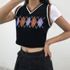 Argyle xadrez de malha de malha feminino streetwear estilo streetwear roupas vestes listra vneck colhida malha 90s camisola colete 210426