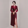 Autumn Red Velvet Party Dress Women Sexy Split V-Neck Long Sleeve High Waist Vestidos Female Fashion Clothes 210520