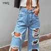 High Waist Jeans Straight Leg Design Ripped Detailing On The Front Causal Vintage Denim Pants Zip Fly Metal Top Button Fastenins 211129