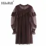 Women Sexy Transparent Mini Dresses Lace Mesh Pleated Party Long Sleeve See Through Ruffled Short 210508