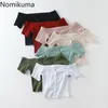 Nomikuma Slash Neck Off Shoulder Tops Women Solid Color Single Breasted Slim Fit Short T Shirts High Street Stretch Tshirts 210514