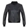 Kadın PU Faux Deri Kısa Ceket Bahar Streetwear Tek Göğüslü Uzun Kollu Ceket Mektup Baskı Siyah Dış Giyim 210430