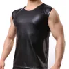 Homens sexy faux couro tanque de couro mangas colete lingerie lingerie camisa masculina traje de desempenho preto moda tops sólidos 210623