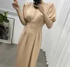 Mode Summer Casual Sports Sweashirt Robe Femmes Chic Ruché Manches Bouffantes Taille Haute Solide Sexy Split Robes Longues 210518