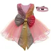 Öppna Back Sequins Flower Baby Girls Dress Ceremony Kläder Tutu Party Elegant Wear Princess Kids Vestidos 210508