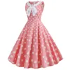 Plus storlek polka dot vintage klänning kvinnor sommar rosa rockabilly kontor fest klänningar casual collar bow sundress vestidos