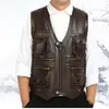 Gilets pour hommes Peau de vache véritable gilet en cuir hommes marron gilet mâle sans manches veste épaisse moto plus taille multi poche manteaux à glissière