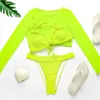 3 шт. Neon Green Bikini Купальник Женщины Сексуальный Длинные Рукава Купальники Женщины Высокая талия Бикини Набор Высокий Купальник 210322