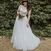2021 Summer Off Shoulder Long Wedding Dresses A-Line Graden Country Tulle Bridal Gowns Boho Beach Lace Appliques V-neck Formal Bride Dress