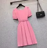 Women Fashion Pleated Dress Summer Elegant Square Collar Puff Sleeve Girls High Waist Office OL Casual Slim With Belt 210519