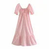 Elegant Women Pink Plaid Slash Neck A-line Summer Dress High Waist Bodycon Chic Lace Up Midi Dress For Party Holiday Femme Cloth 210521