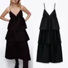 Herfst zwart sexy ruche midi jurken voor vrouwen elegante jurken patchwork jurk vrouw dunne riemen mouwloze dames vestidos 210430