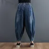 Wiosna Sztuki Styl Kobiety Elastyczna Talia Bawełniana Denim Harem Spodnie Patch Wzory Loose Vintage Blue Dżinsy Plus Size V317 210512