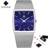 Wwoor Luxury Mens Rectangle Watch Fashion Sports Date Quartz Slim Watches Man Waterproof Steel Mesh Strap Blue Clock Male XFCS 2108955583