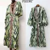 Woman Dress Green Print Midi Kimono Women Summer Belt Long Puff Sleeve Japanese Style Wrap es 210519