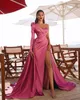 Sexig sida split sjöjungfrun kväll formella klänningar med avtagbart tåg 2021 arabiska en axel satin prom party klänning kvinnor speciellt tillfälle bär
