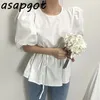 Blouses & Shirts Women's Clothing Chic Casual Summer Wild Lace Up O Neck Puff Short Sleeve White Blouse Women Loose Tops 210429